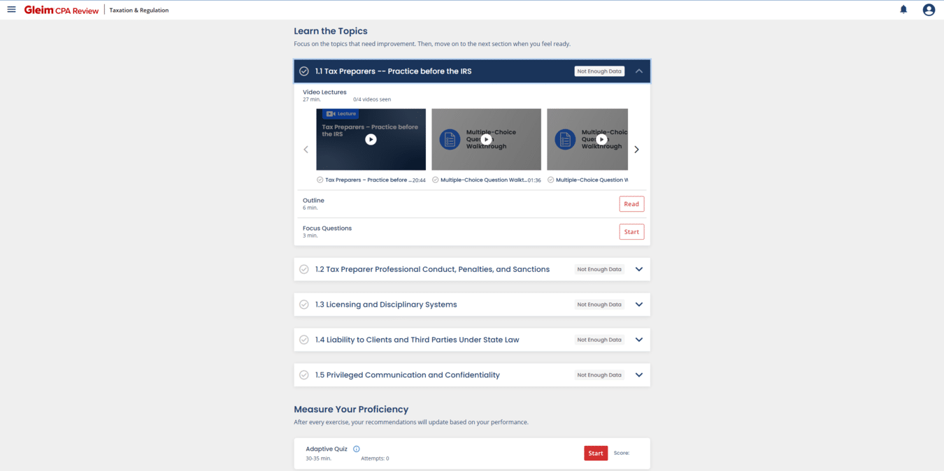 Gleim CPA course dashboard
