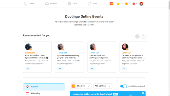 duolingo spanish online live events
