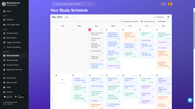 DAT Bootcamp Study Schedule
