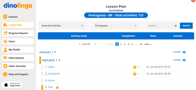 Dinolingo parent dashboard