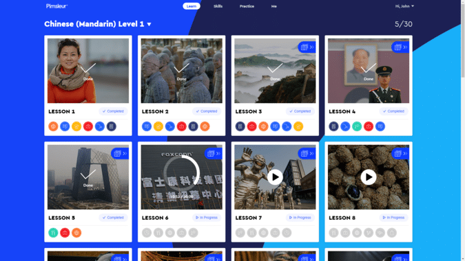 Pimsleur Chinese dashboard