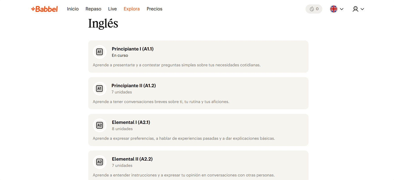 Niveles de idioma en babbel.com