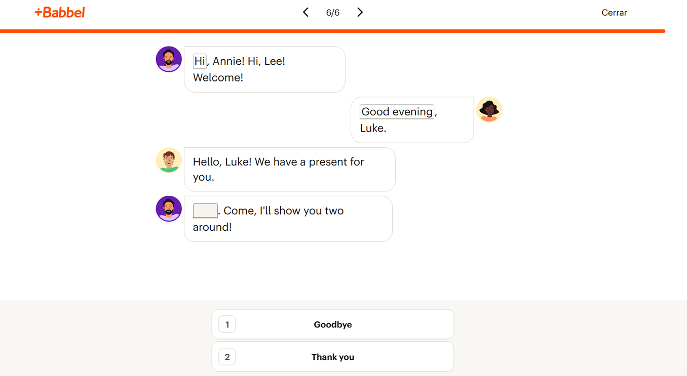 Interfaz del curso de inglés de Babbel en la que se ve una conversación que hay que completar escuchando el audio.