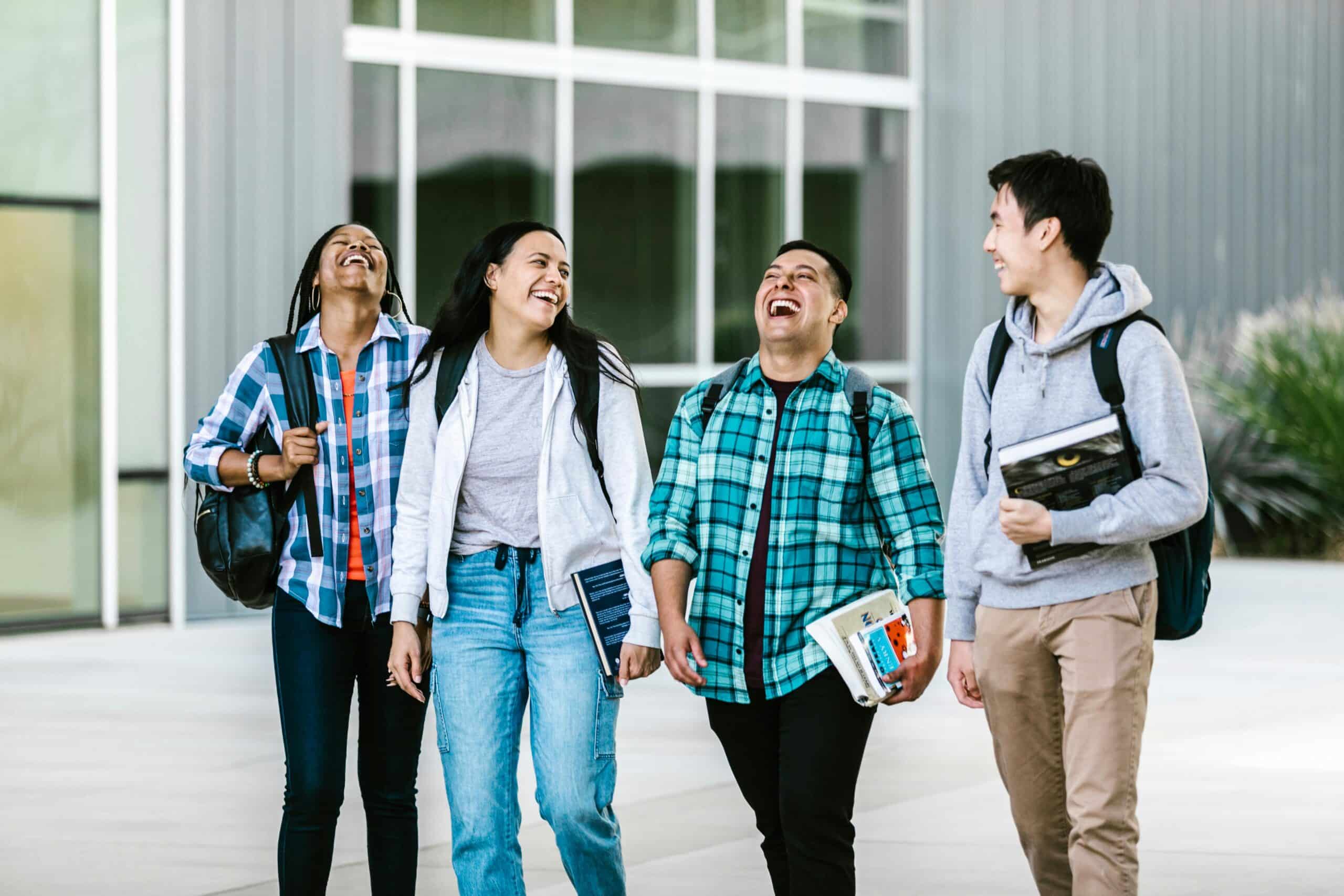 Students on campus, walking to class