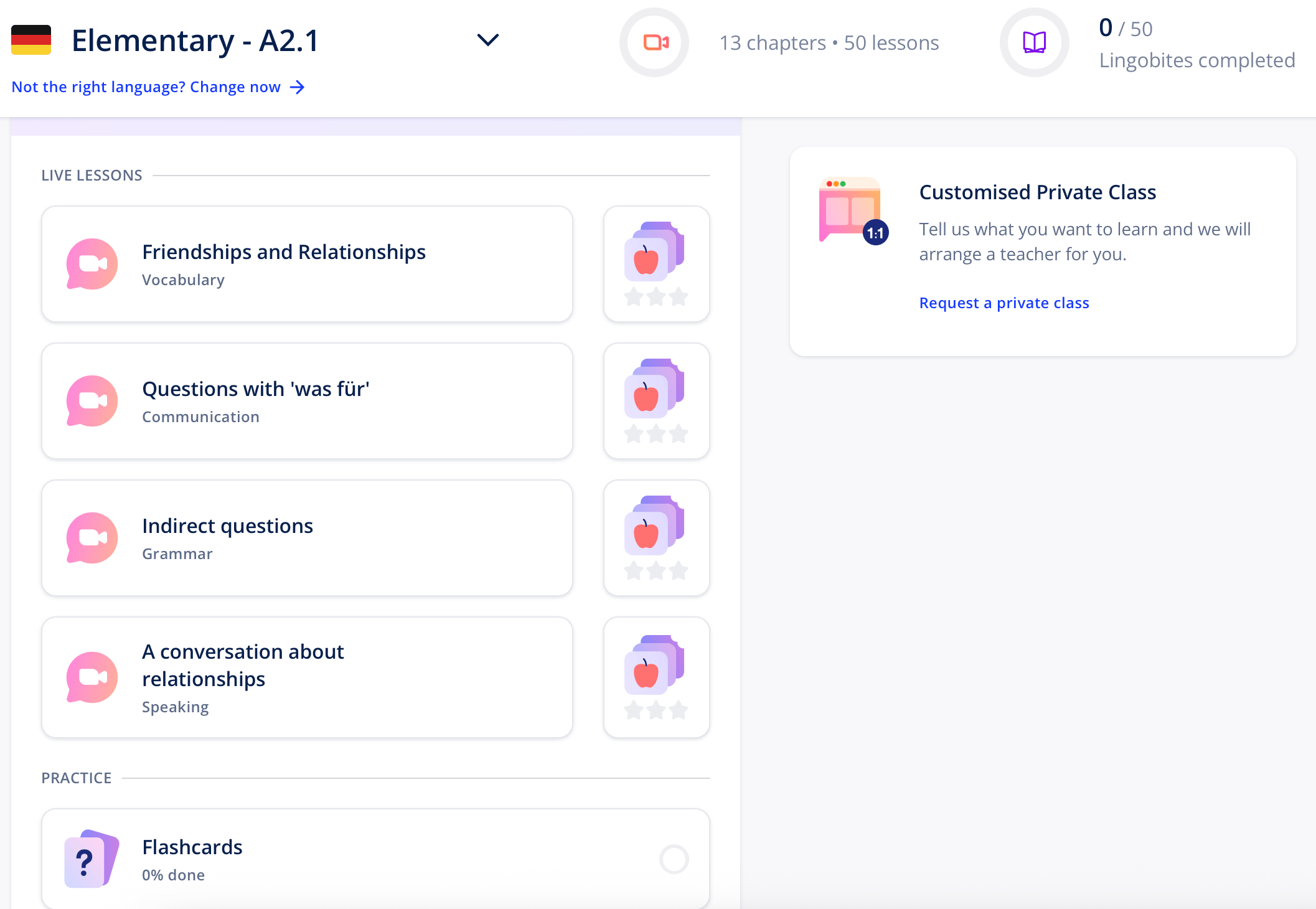 Personal dashboard on Lingoda